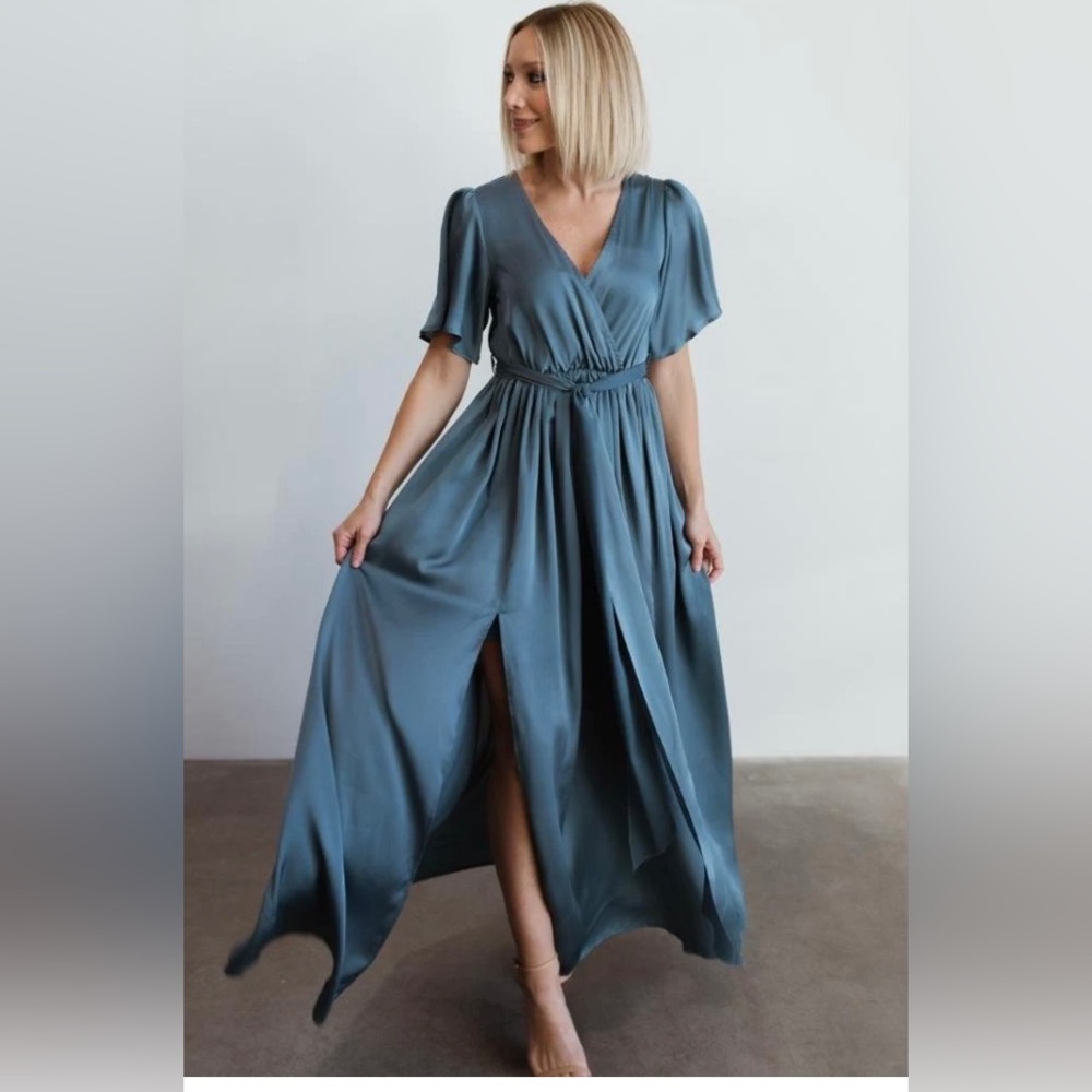 Baltic Born Dusty Blue Sicily Satin Maxi Dress